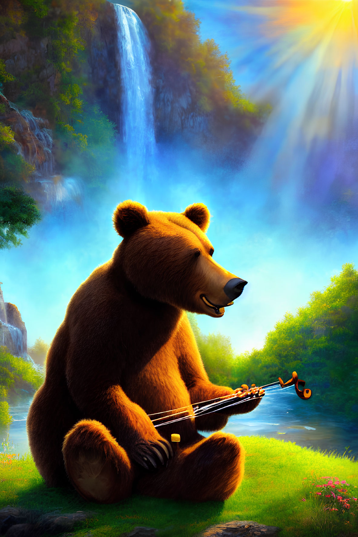 Bear playing violin by river with waterfall under sunbeam