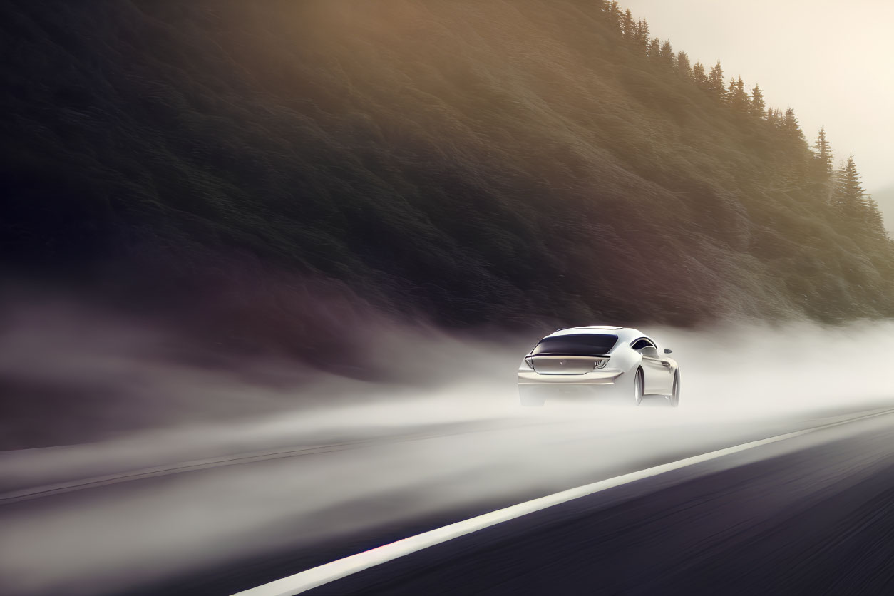 Speeding Car on Misty Mountain Road with Pine Trees