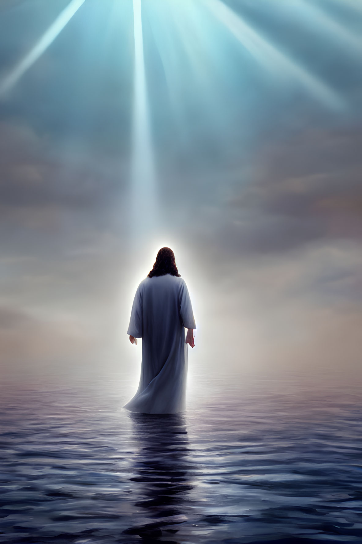 Person in white robe standing on water under cloudy sky in serene scene