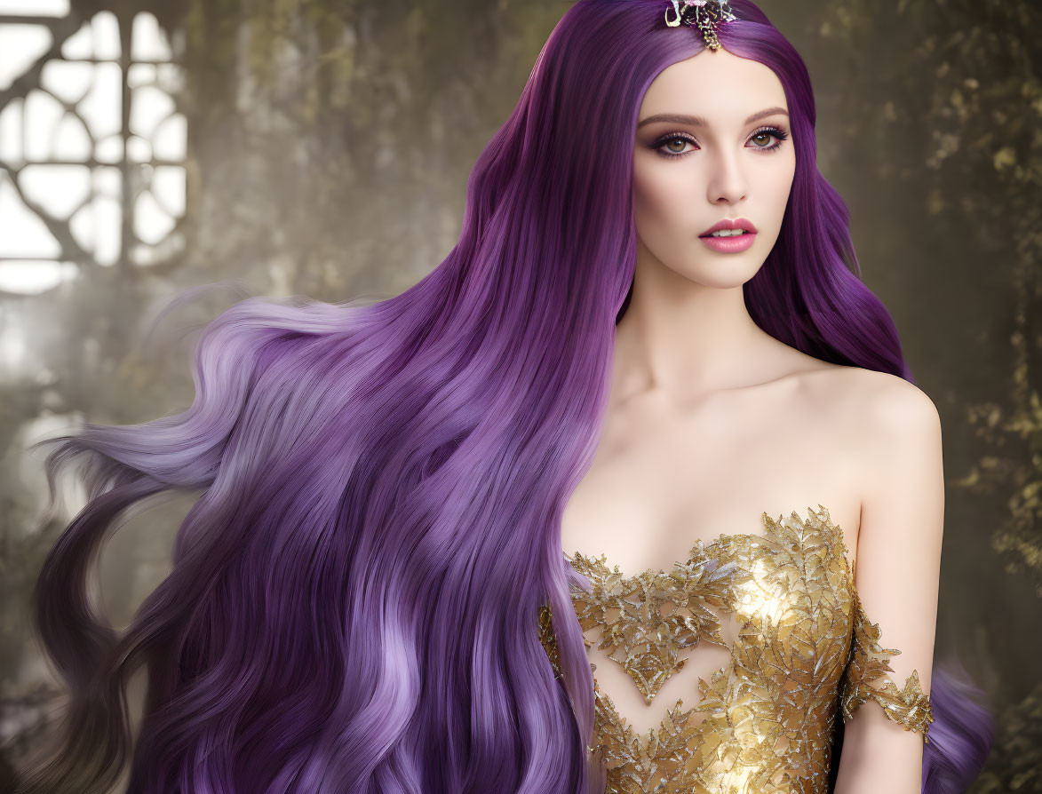 Long Purple-Haired Female Character in Gold Gown and Tiara on Gothic Background