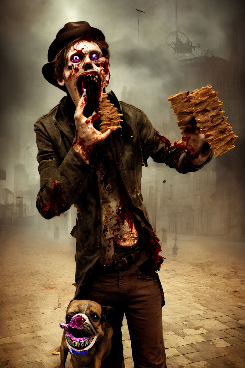 Bloodied zombie with waffle and purple-toothed dog in foggy street