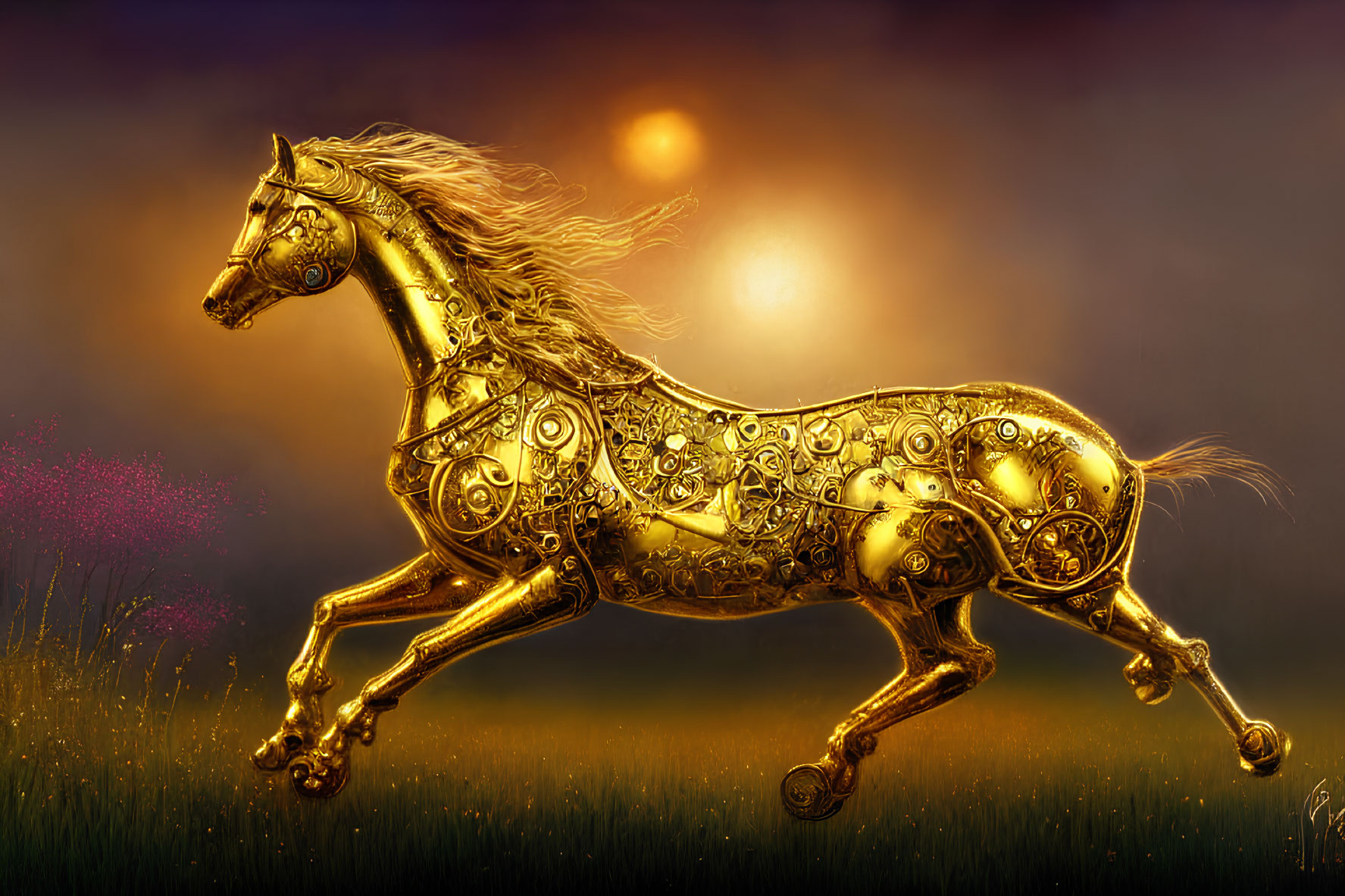 Intricate golden mechanical horse galloping at sunset