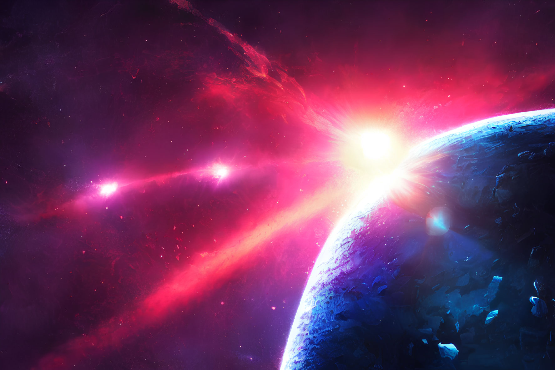 Colorful space scene with radiant star, vivid nebula, and dark planet