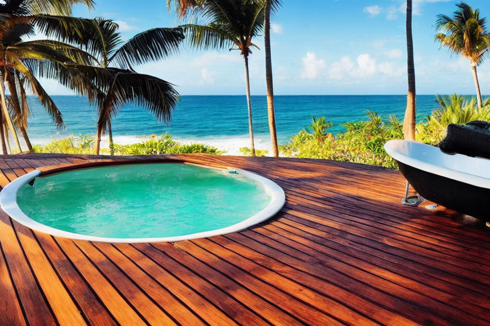 Tranquil outdoor scene with pool, bathtub, ocean view, lush greenery