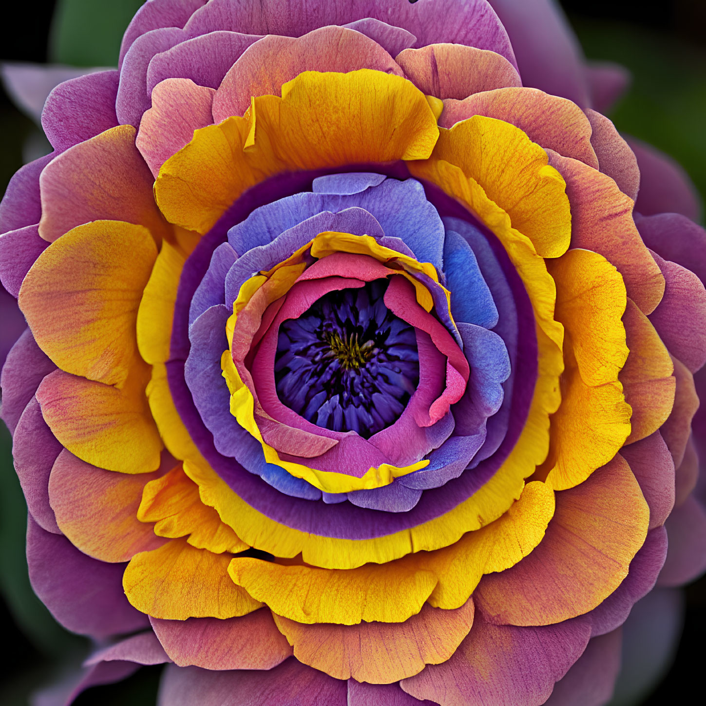 Vibrant ranunculus flower with purple, yellow, and orange petals in close-up