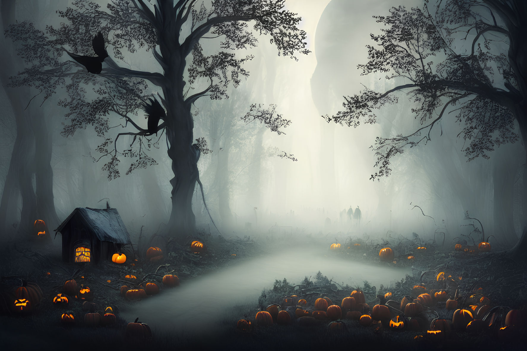 Spooky Halloween scene with carved pumpkins, cabin, silhouetted trees, misty forest