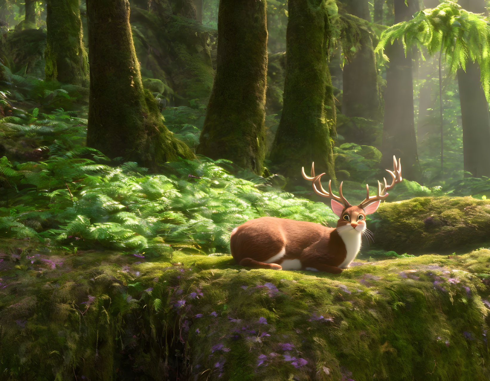 Majestic stag with large antlers in lush forest setting