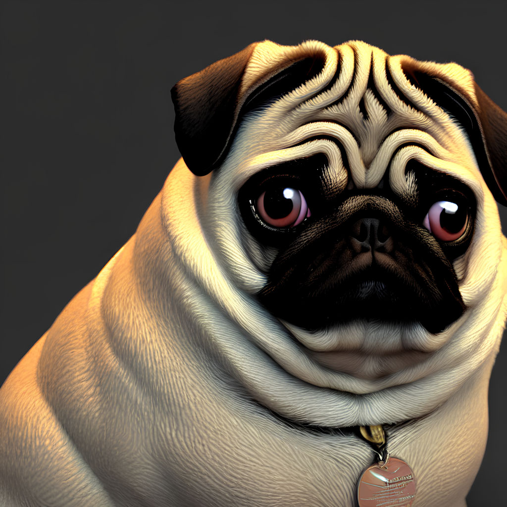 Close-up of 3D animated pug with sad eyes and collar tag