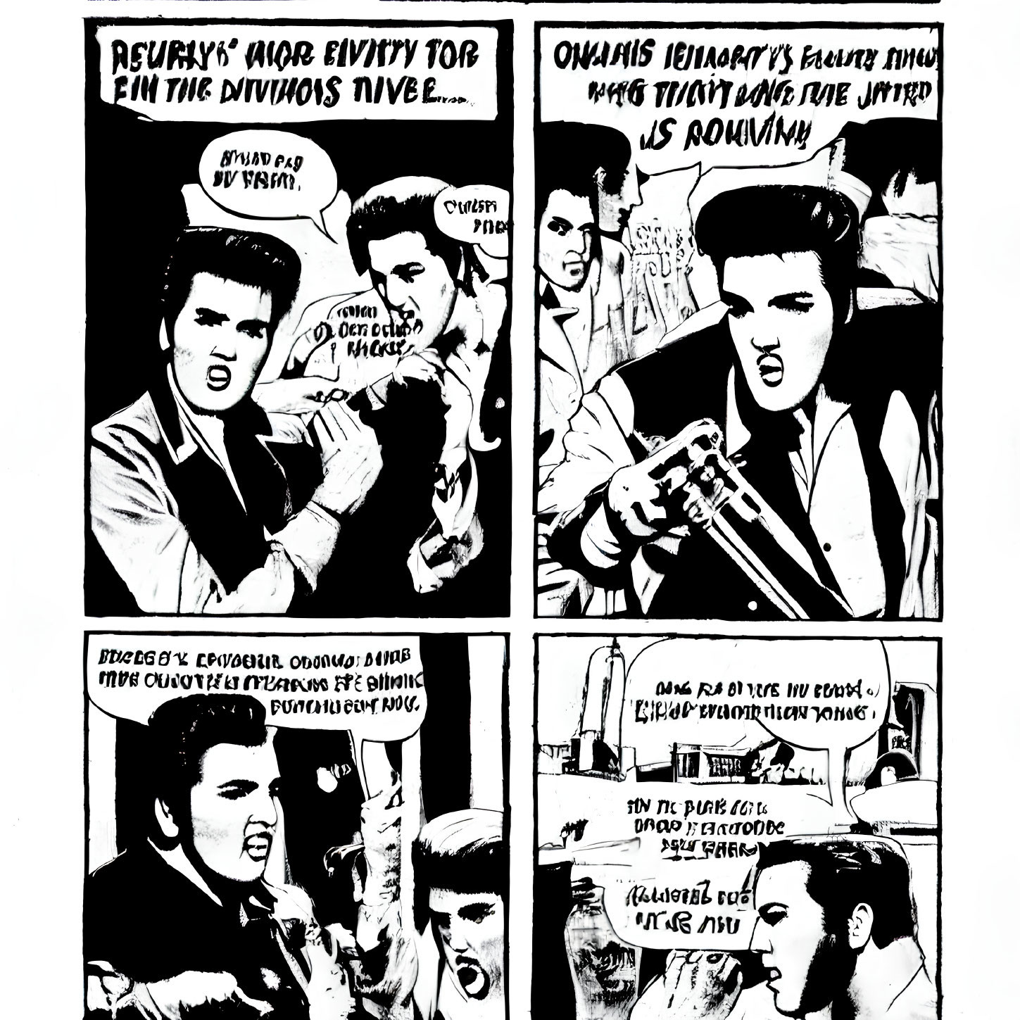 Stylized Elvis Presley in dynamic poses with speech bubbles.