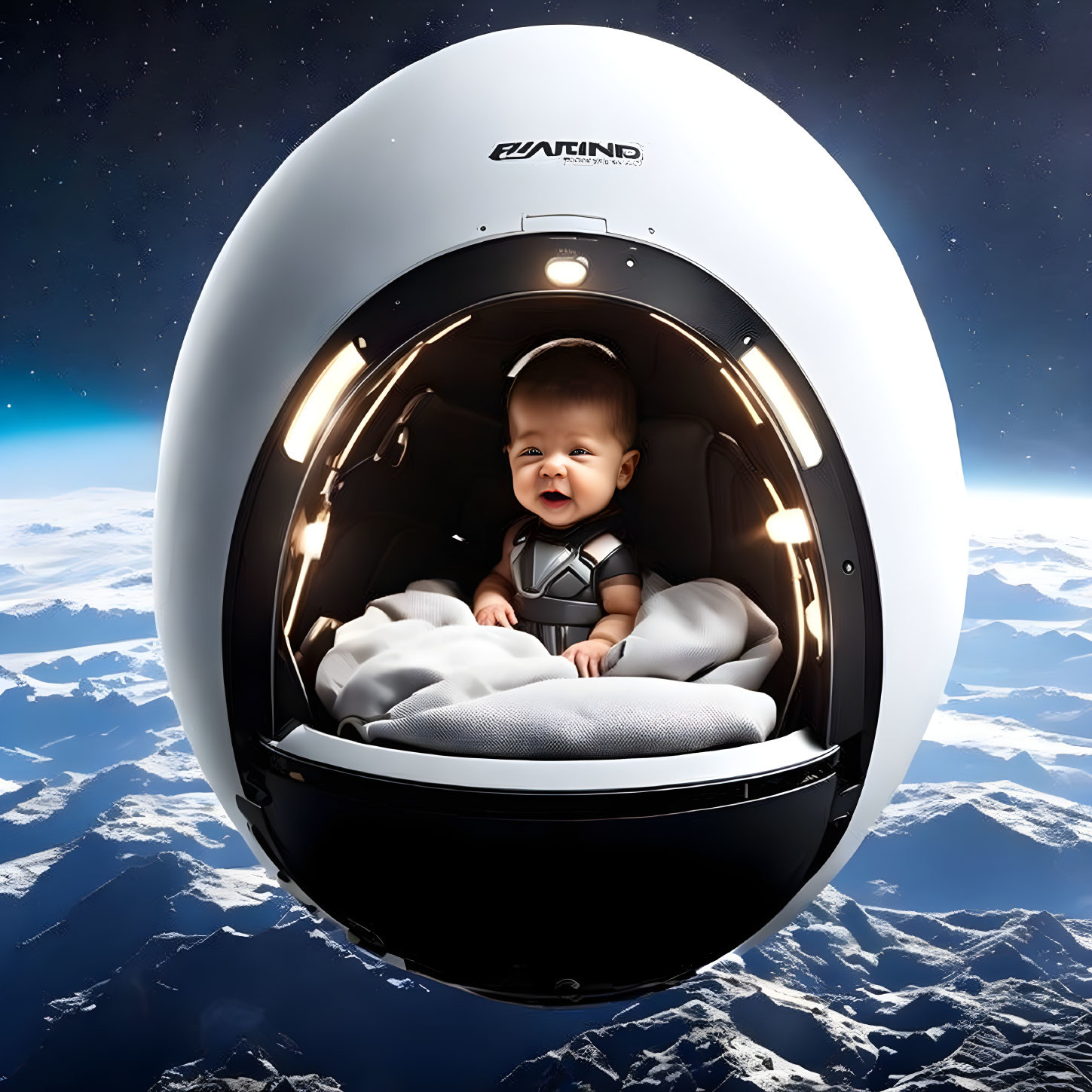 Smiling baby in futuristic crib floats above Earth with snowy mountains in space