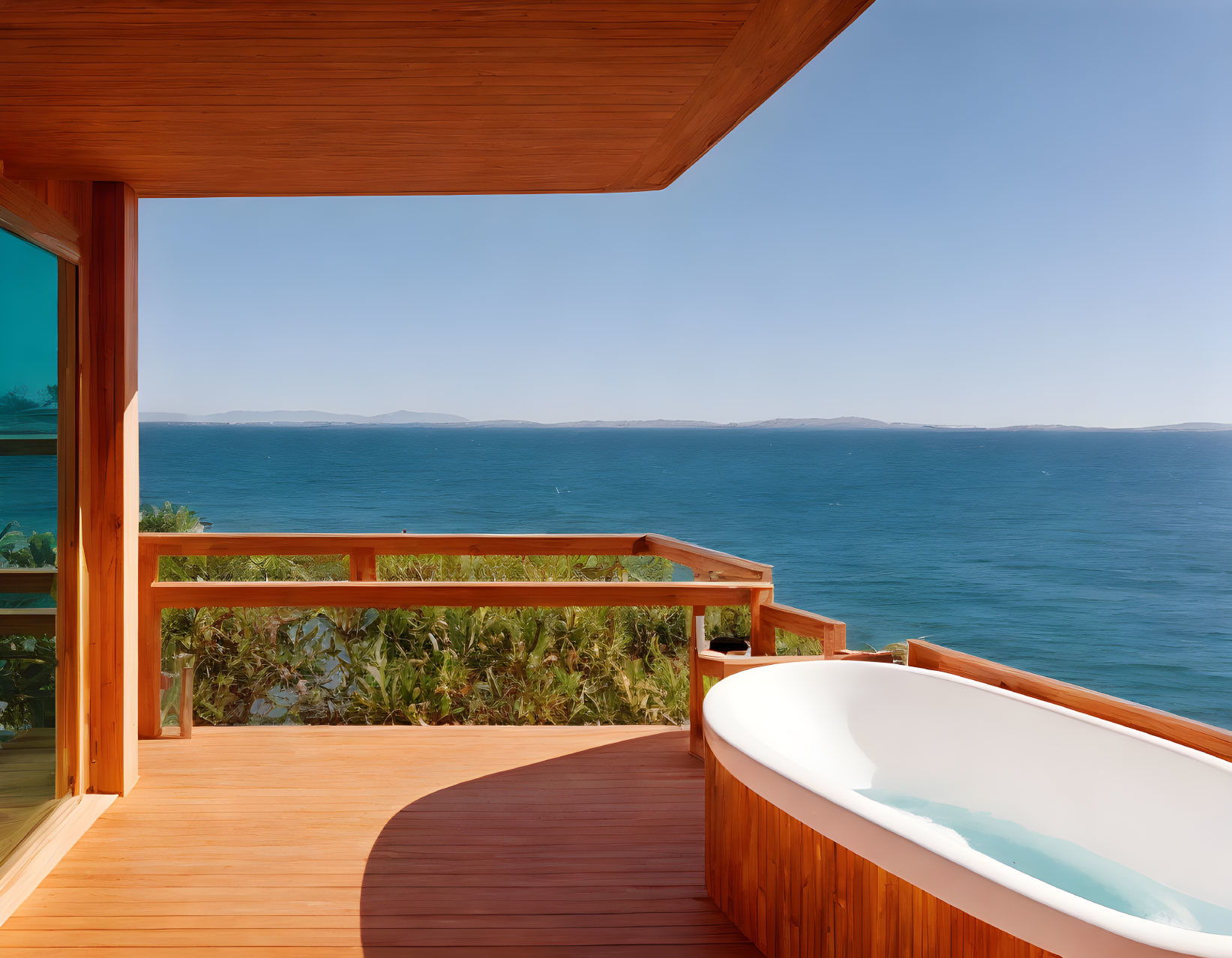 Wooden Floor Balcony with White Bathtub Overlooking Blue Sea