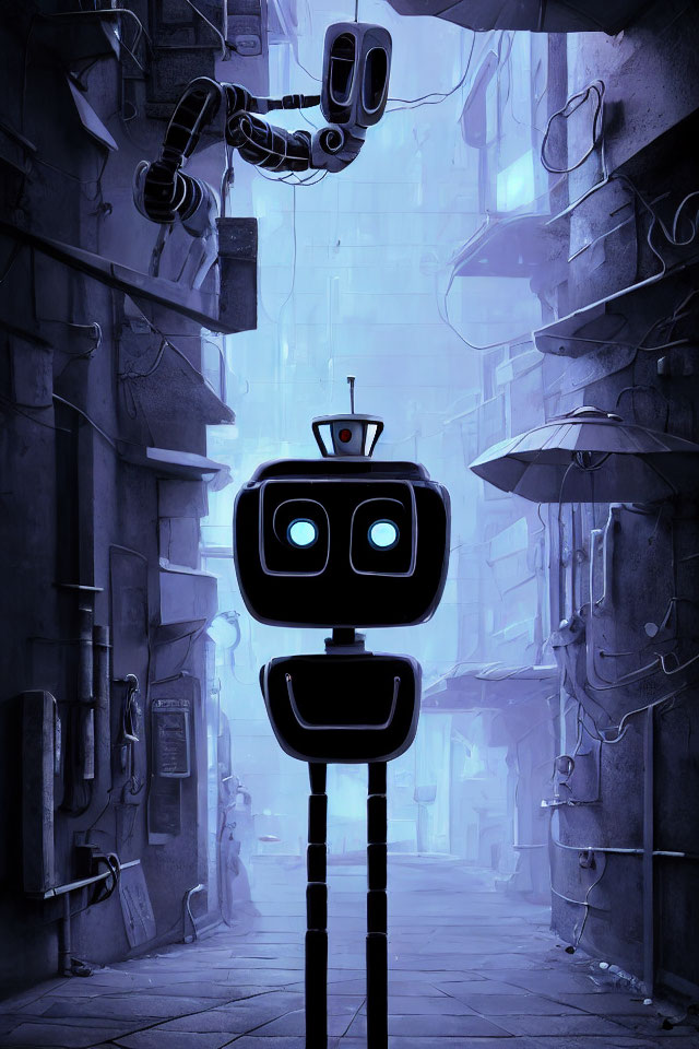 Futuristic alleyway scene with two robots, one with humanoid face and large eyes, another with