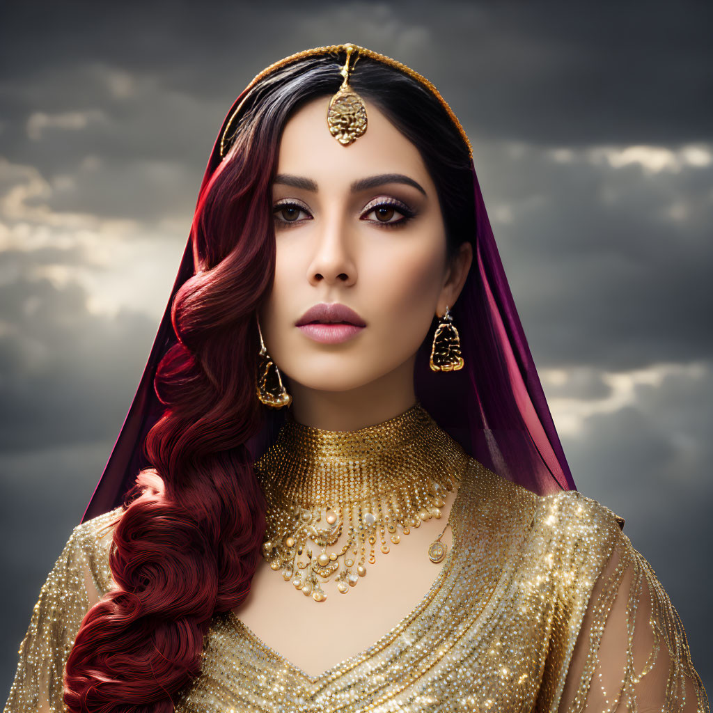 Portrait of Woman with Gold Jewelry, Red Hair, and Purple Shawl