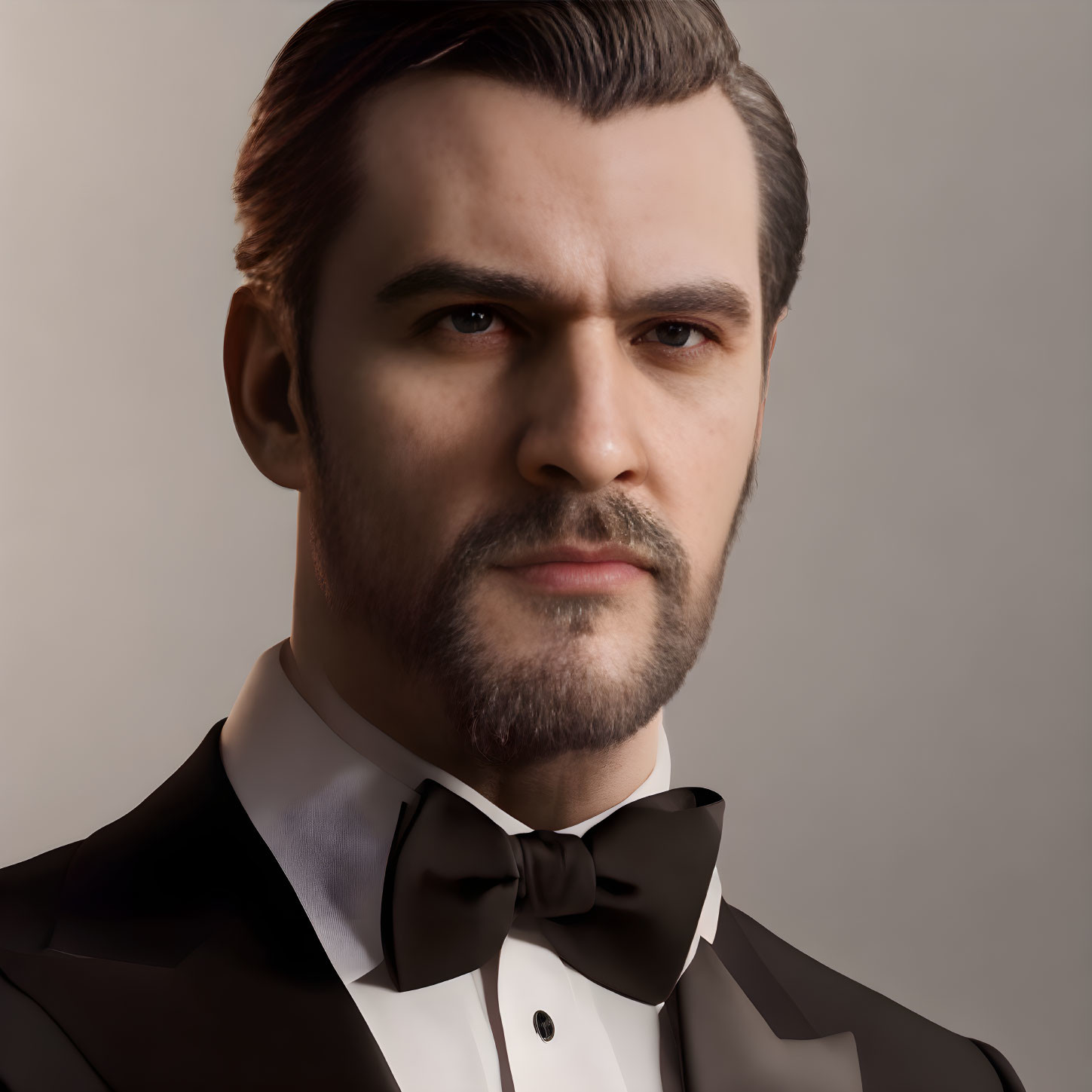 Man with Beard and Mustache in Black Tuxedo and Bow Tie Portrait