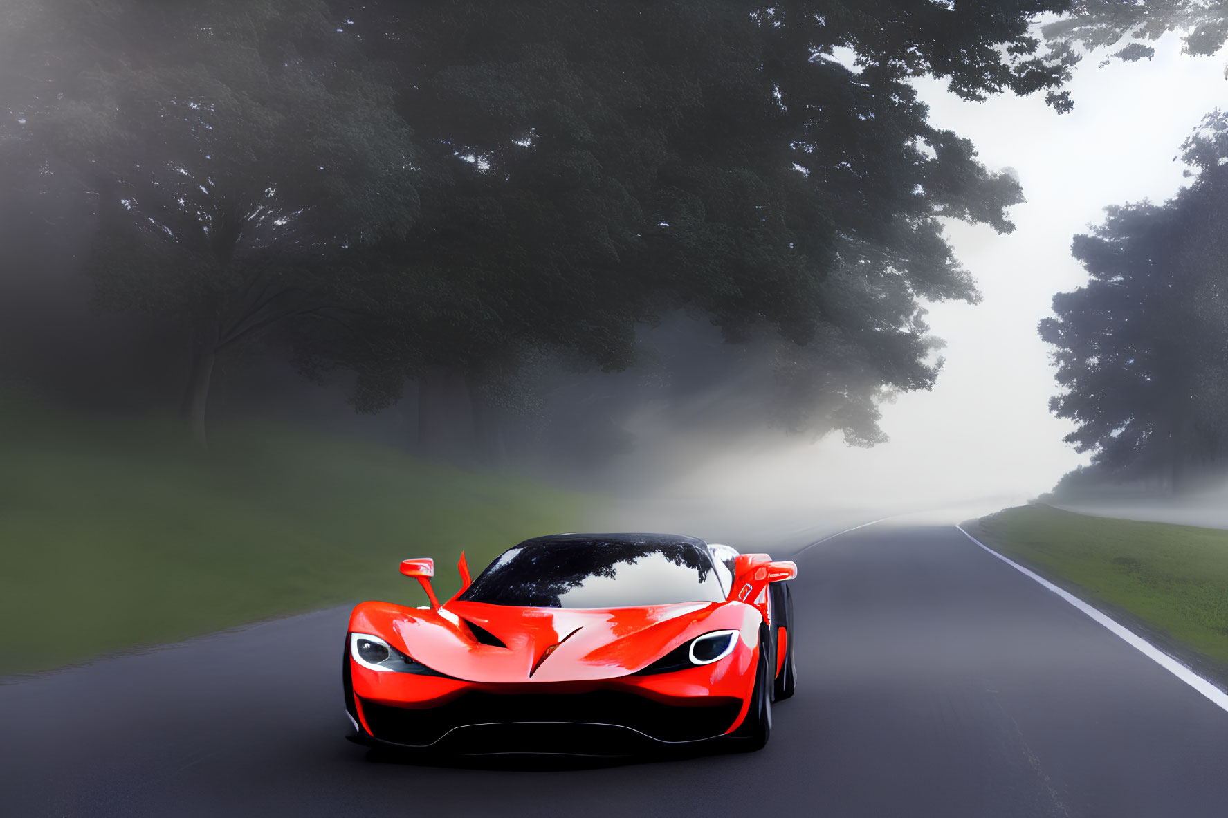 Red Sports Car Driving on Foggy Forest Road