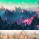 Vibrant futuristic mountain landscape at twilight