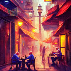 Two people playing chess in neon-lit alleyway at dusk