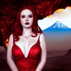 Digital artwork: Woman with red hair and dress against volcanic eruption backdrop