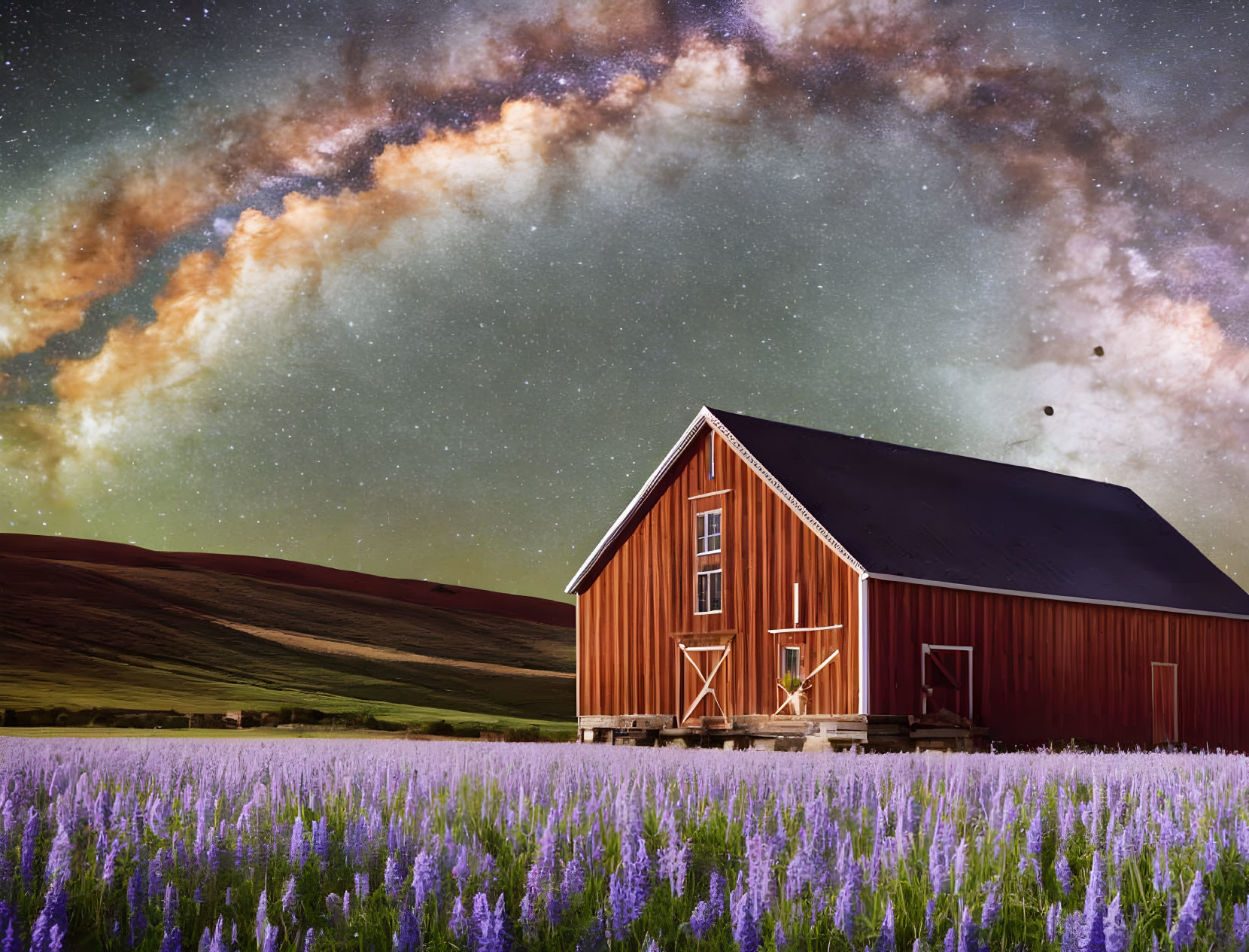 Red Barn in Lavender Field under Starry Night Sky with Milky Way