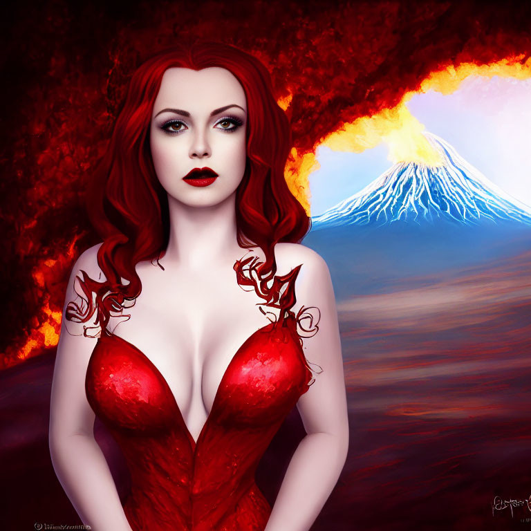 Digital artwork: Woman with red hair and dress against volcanic eruption backdrop