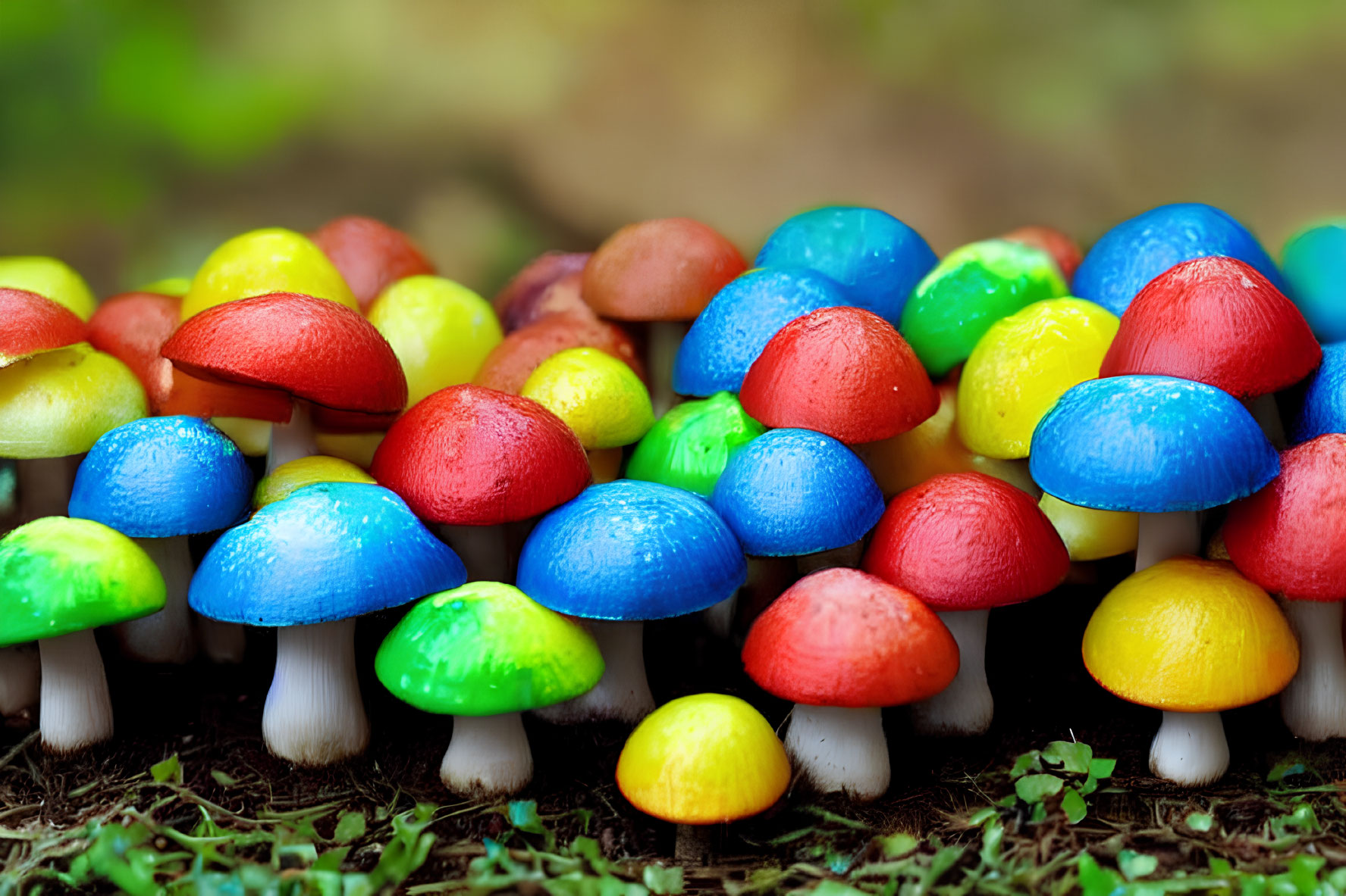 Vibrant candy and clay mushrooms on mossy background