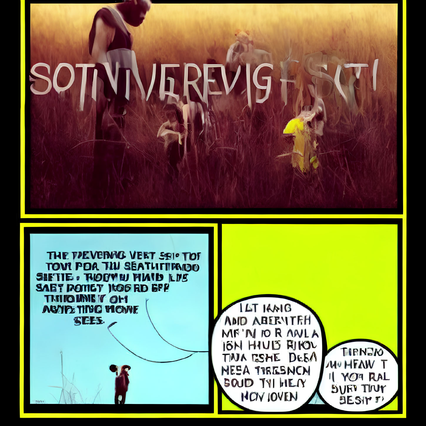 Split-panel graphic: Person running in field at sunset & close-up of comic speech bubble