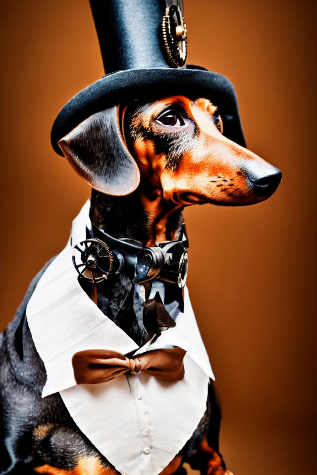 Steampunk Dachshund Dog in Top Hat and Goggles on Orange Background