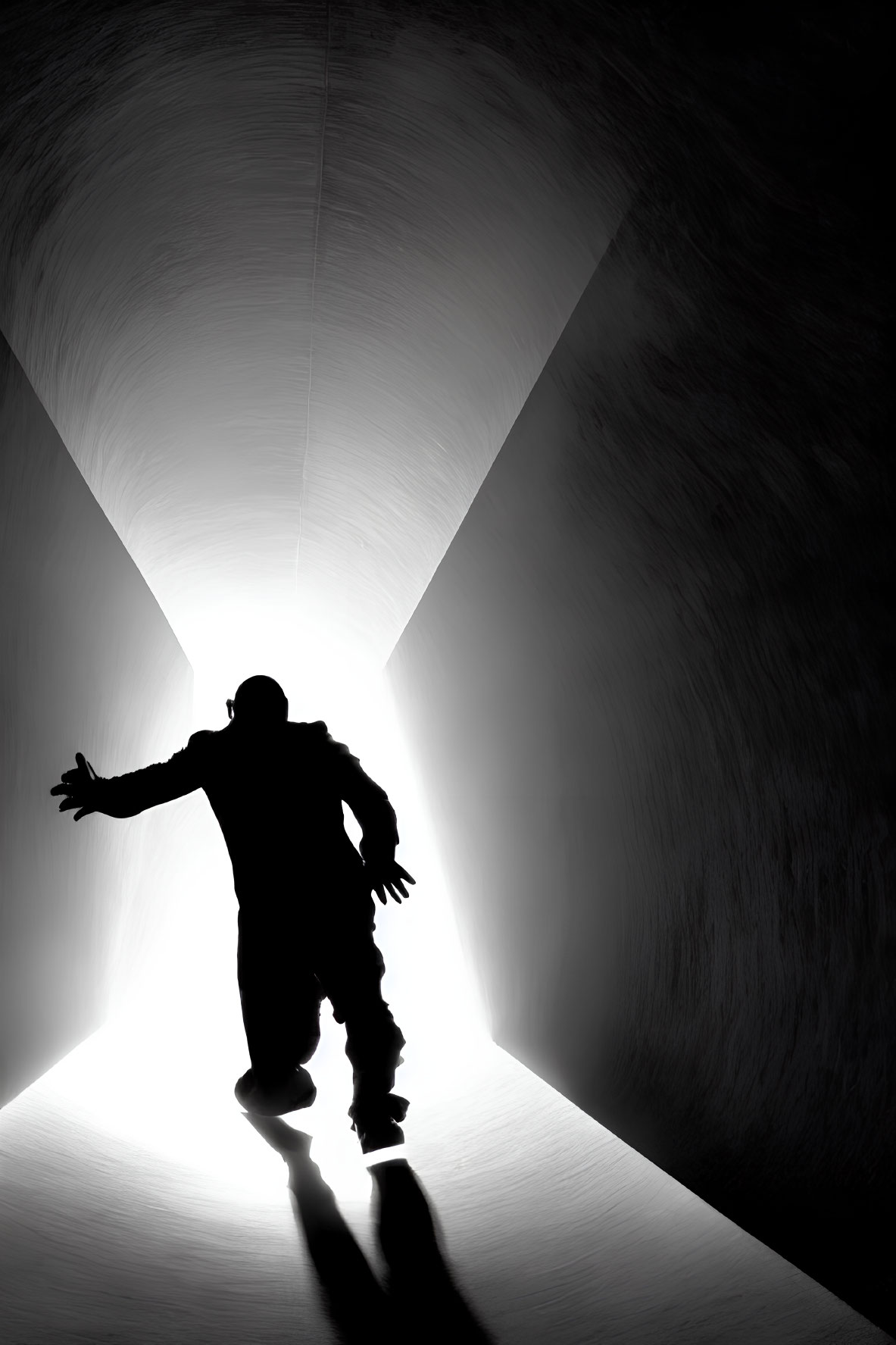 Person's silhouette with outstretched arms in tunnel-like corridor.