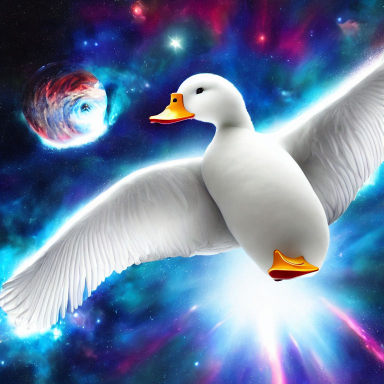 Rubber Duck with Wings in Cosmic Space Background