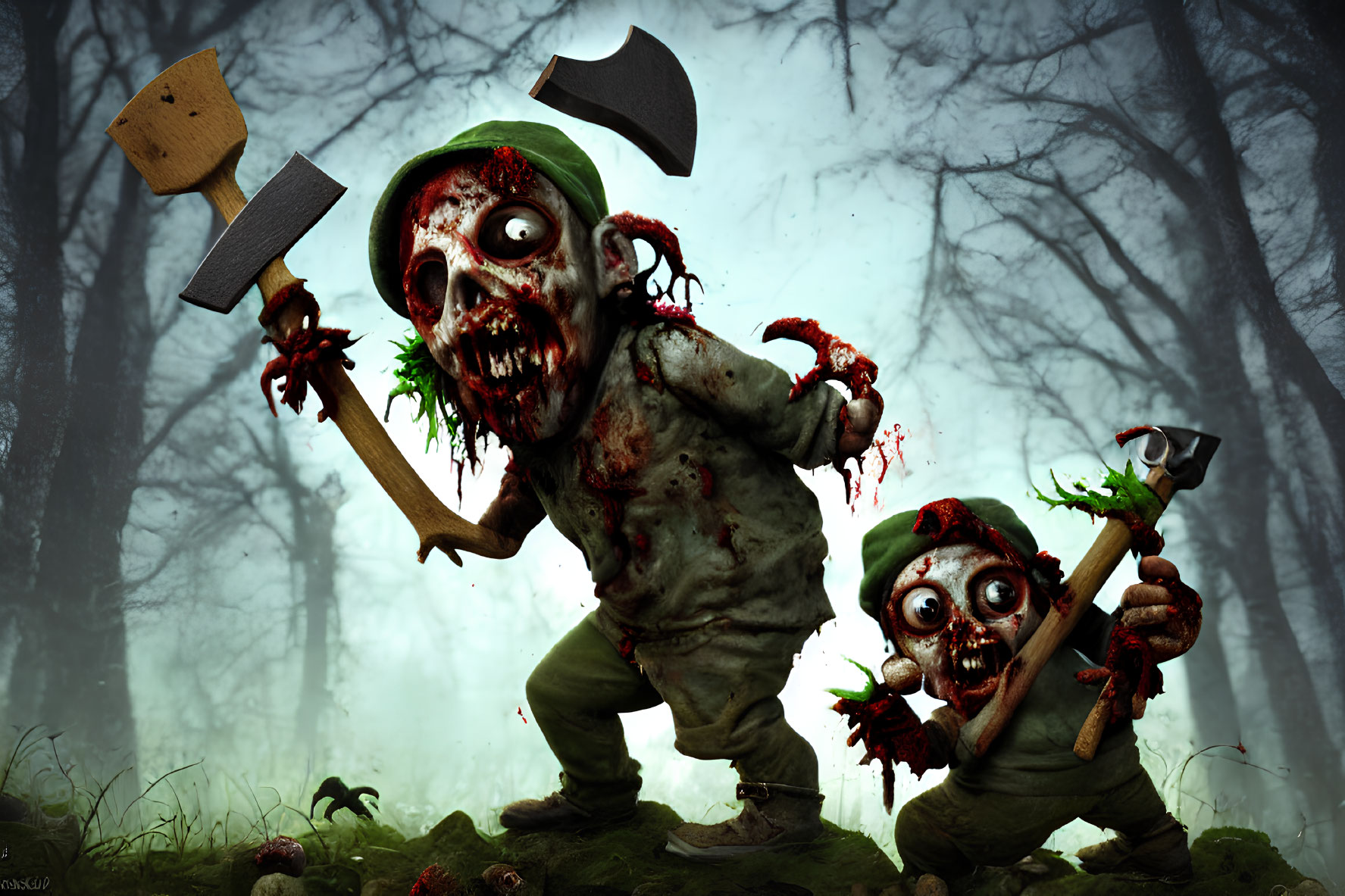 Creepy zombie gardeners in misty forest with axes