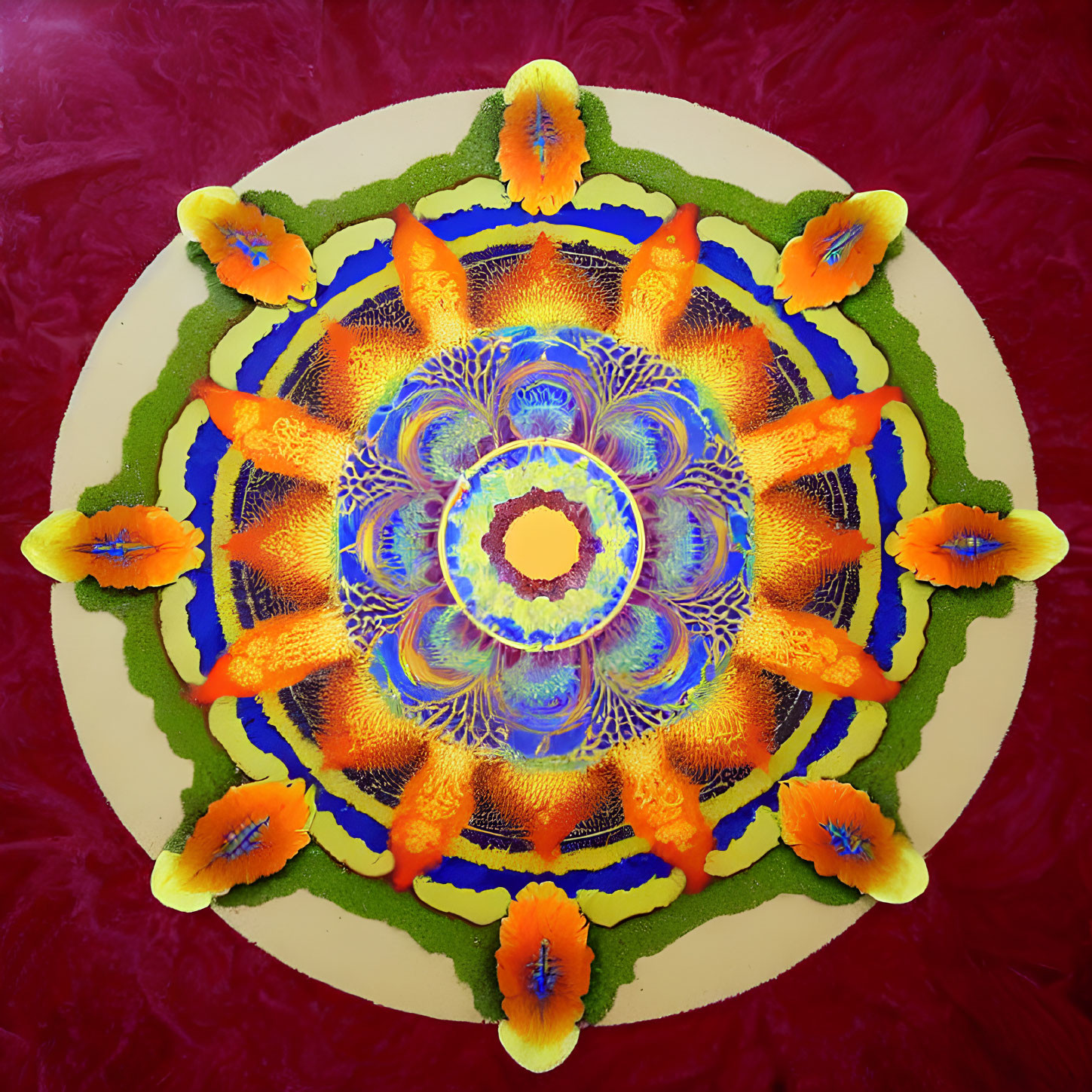 Symmetrical mandala design with blue motif, green patterns, and orange-yellow flowers on red background