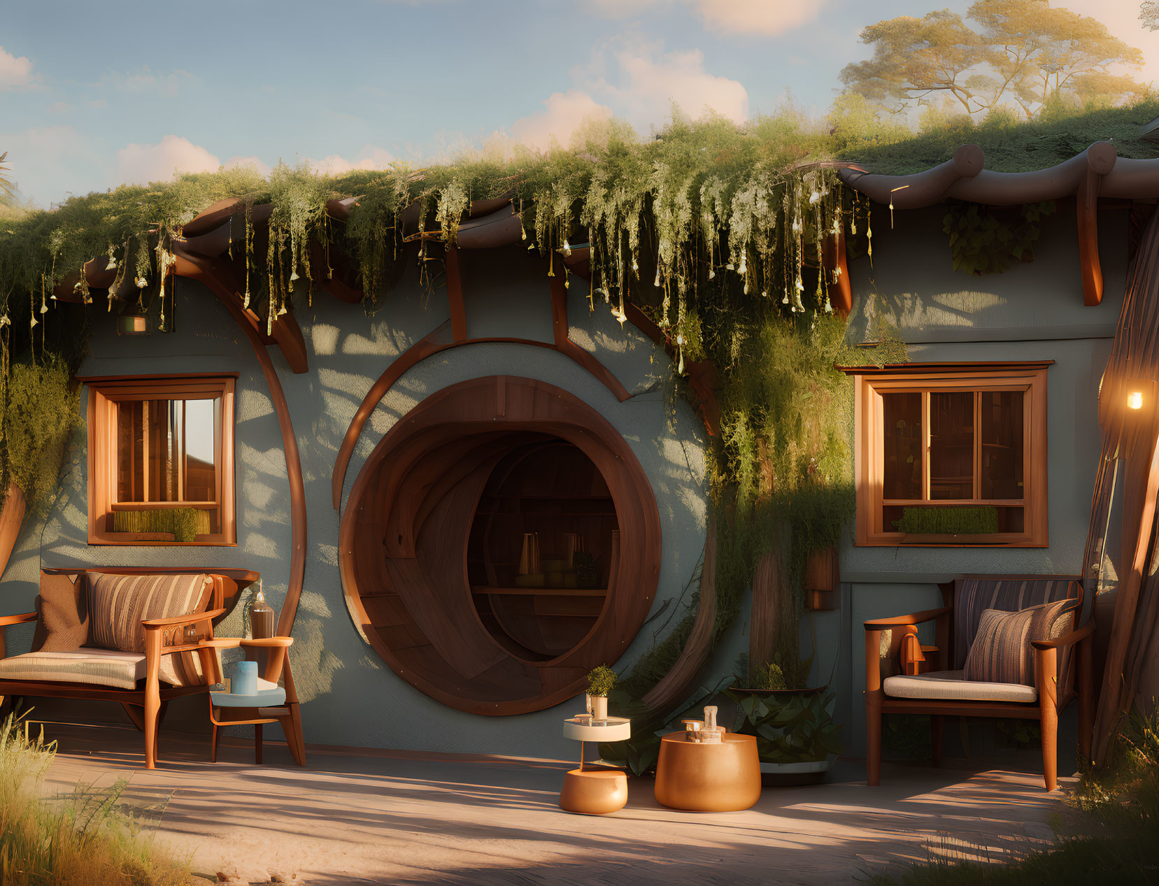 Round door hobbit-style house with greenery and vines at golden hour