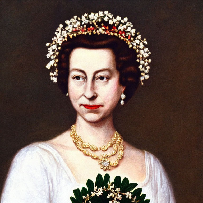 Portrait of Woman with Floral Crown, Pearl Earrings, Gold Necklace, and White Dress Holding Greenery