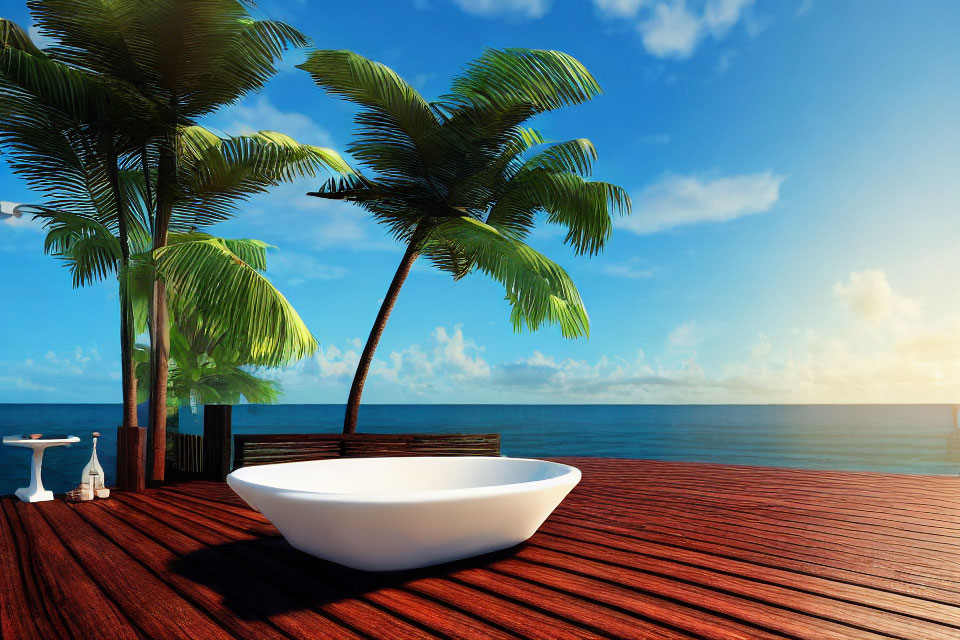 Oceanfront Bathtub on Wooden Deck with Palm Trees