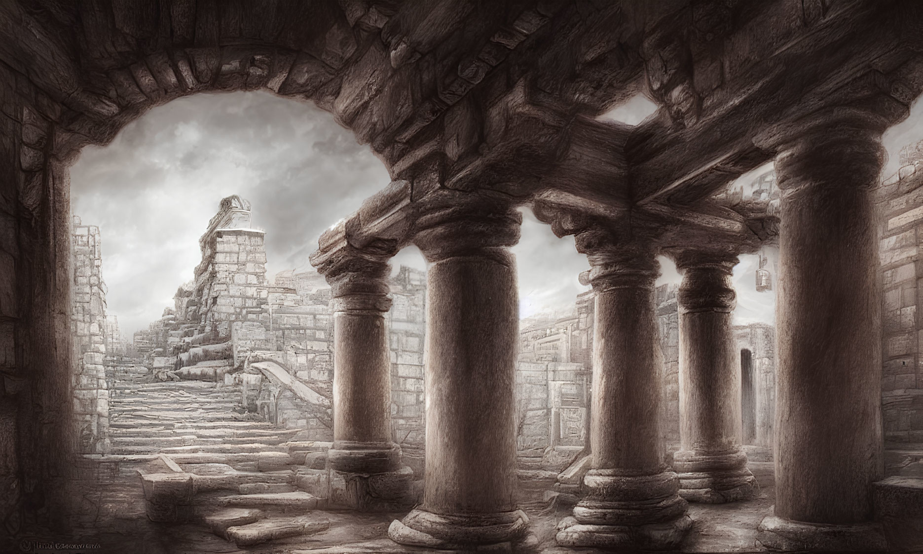 Monochrome illustration of mystical ancient city with stone columns and winding stairway.