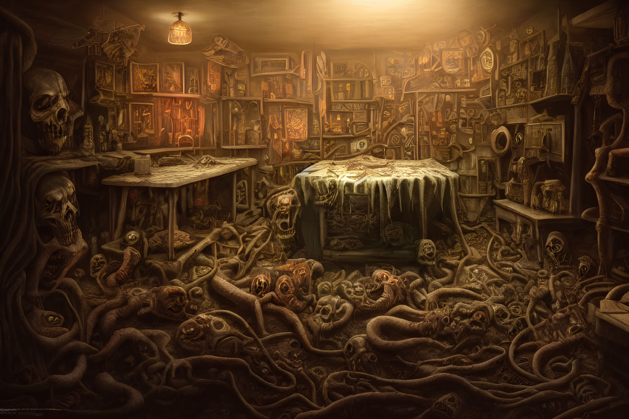 Dark, Skull-filled Room with Tentacles and Ancient Artifacts