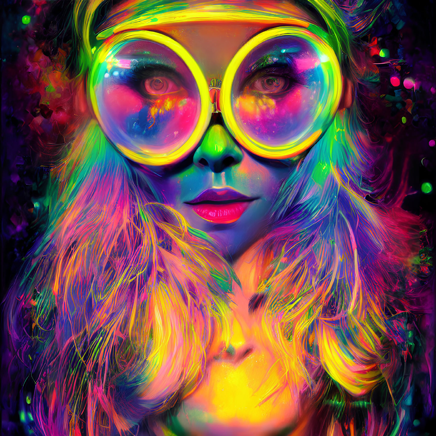 Colorful Neon Portrait with Reflective Glasses on Speckled Background