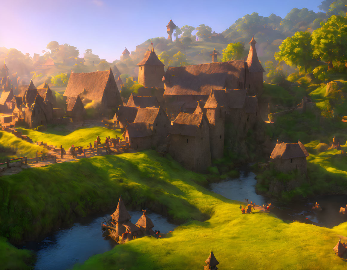 Medieval village with thatched-roof cottages, stone castle, river, and lush greenery