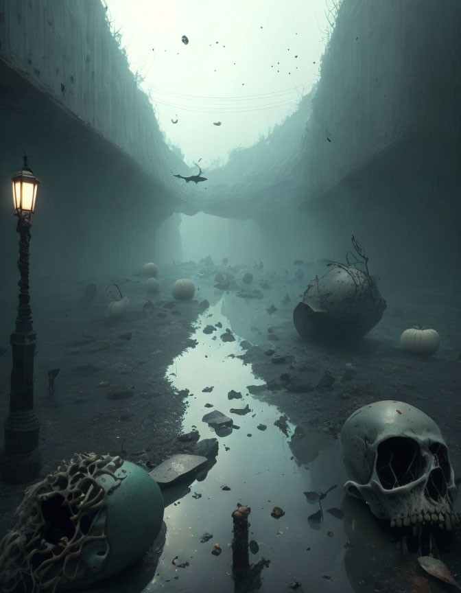 Foggy Halloween-themed image with pumpkins, skulls, and eerie lighting