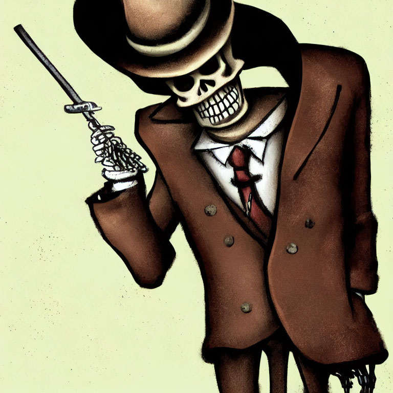 Skeleton in Suit and Hat Wielding Sword: Spooky Dapper Illustration