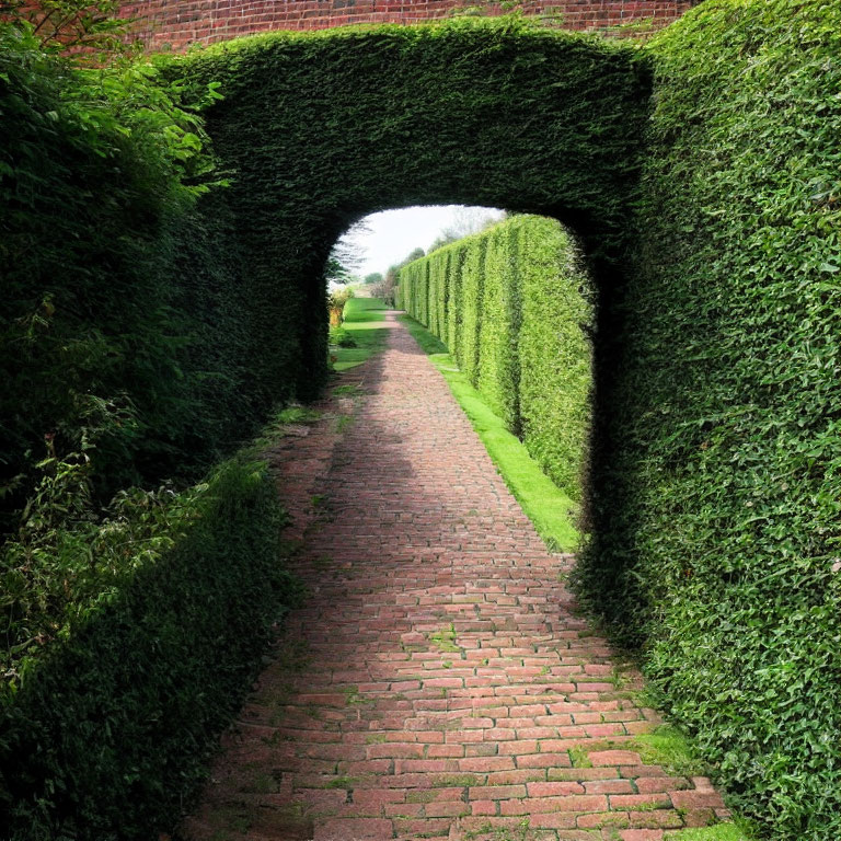 Brick pathway through archway in lush garden