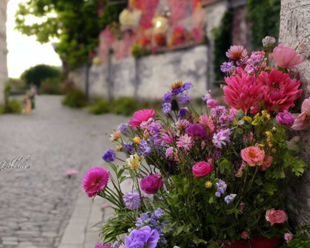 Colorful Flowers Blooming on Cobblestone Street