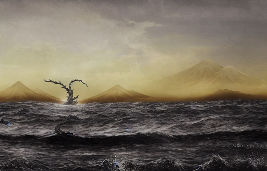 Dark waves under somber sky with twisted tree and distant mountains