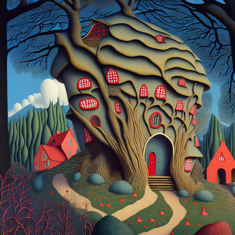 Illustration of treehouse in hilly landscape with vibrant nature