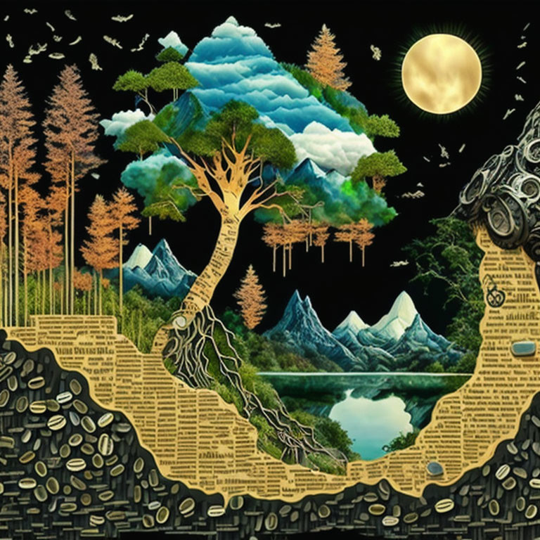 Detailed artwork of tree, clouds, moon, mountains, and books intertwined.