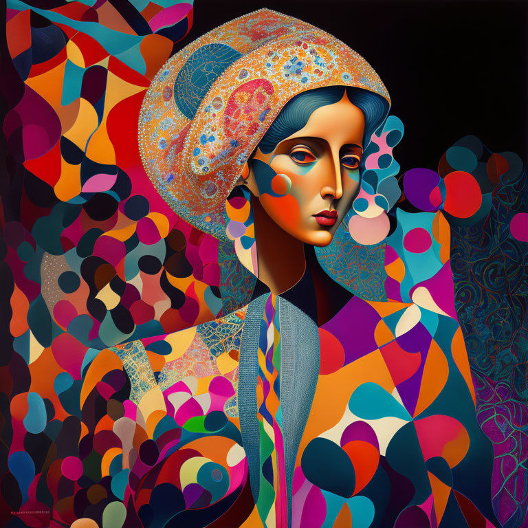 Colorful digital artwork: stylized female figure with ornate headdress.