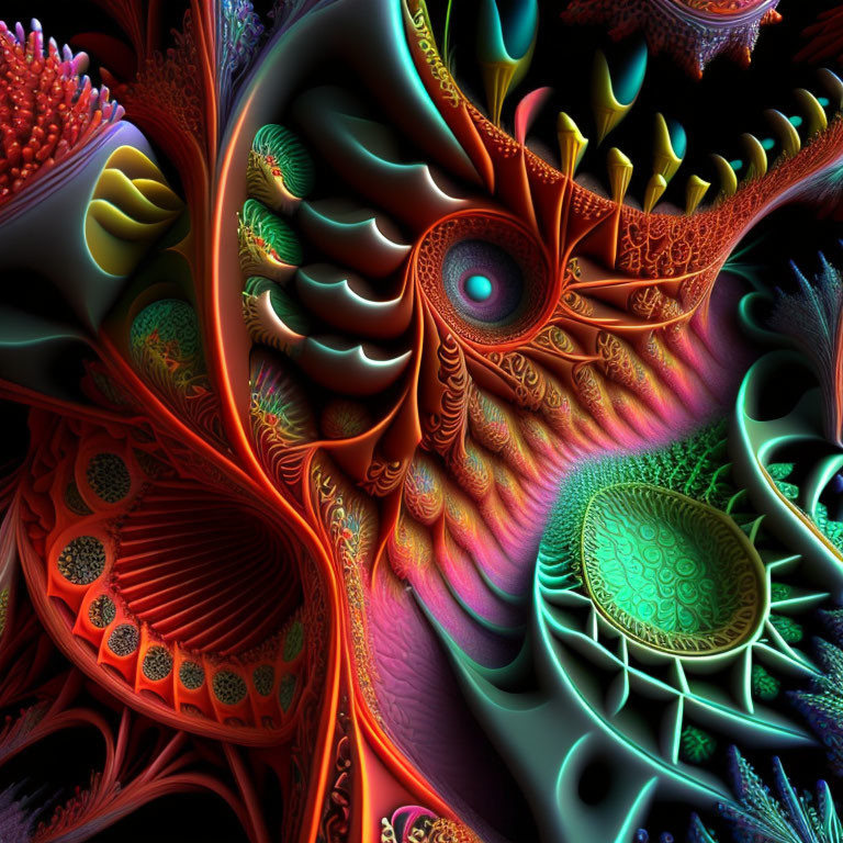 Colorful fractal art with central eye and feather patterns