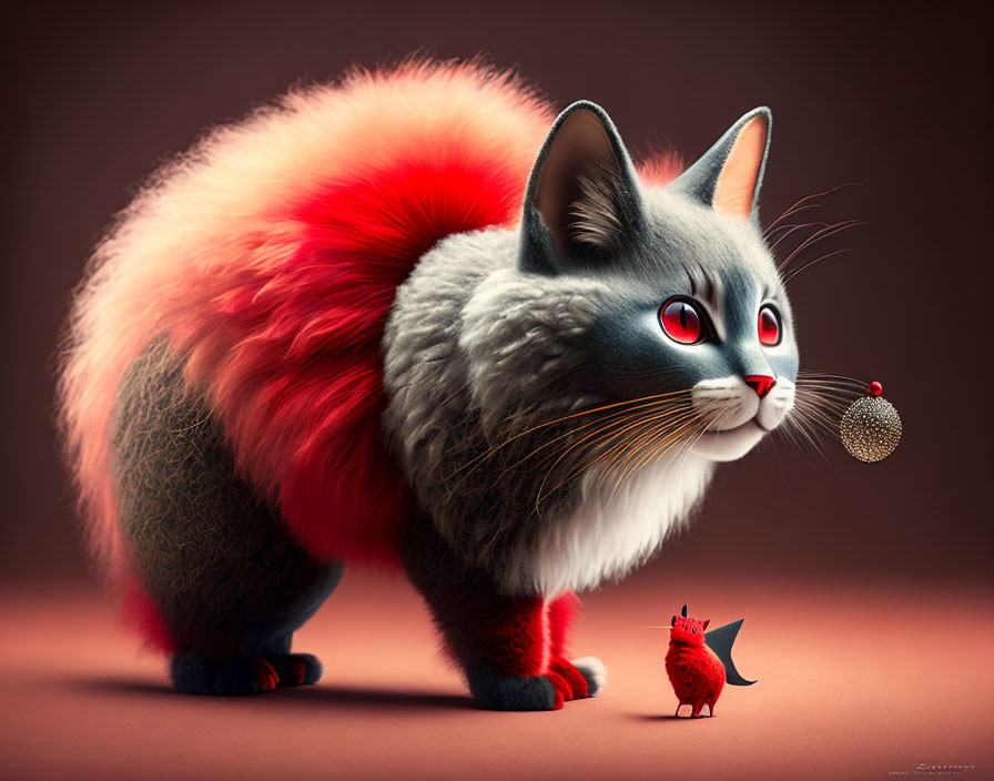 Stylized grey cat with oversized red tail and bright red eyes observing small red creature with bauble