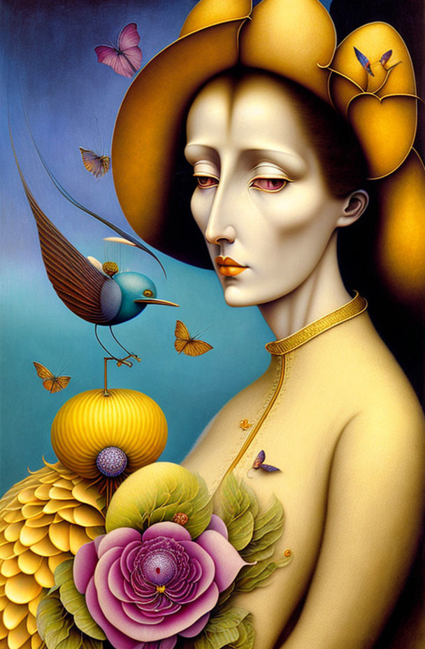 Surreal portrait of pale woman with birds, butterflies, and vibrant flora