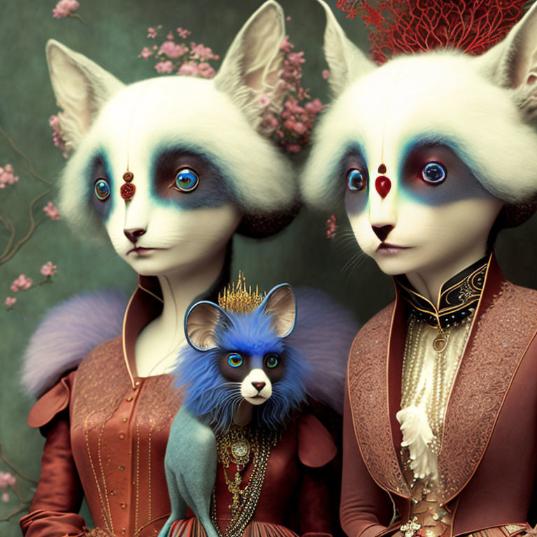 Anthropomorphic foxes in regal attire with blue eyes amid pink blossoms